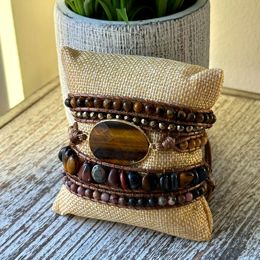 Crystal and Bead Boho Wrap Bracelet (Tiger’s Eye)